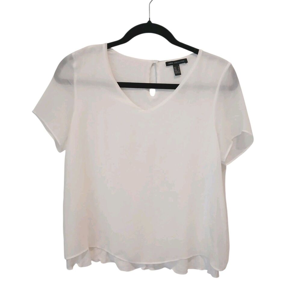 MNG Collection Size XS Short Sleeve Ivory Top V-Neck Overlay Lined Sheer Sleeve